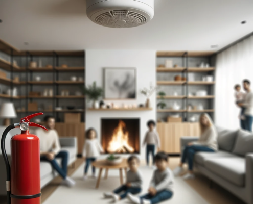 Photo-of-a-modern-living-room-with-a-fireplace-gently-burning.-Blurry-silhouettes-of-a-diverse-family-can-be-seen-in-the-background