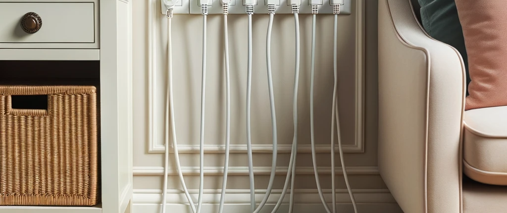 Photo of a well-organized room where electrical cords are bundled neatly, running along the baseboard, showing the importance of keeping cords tid