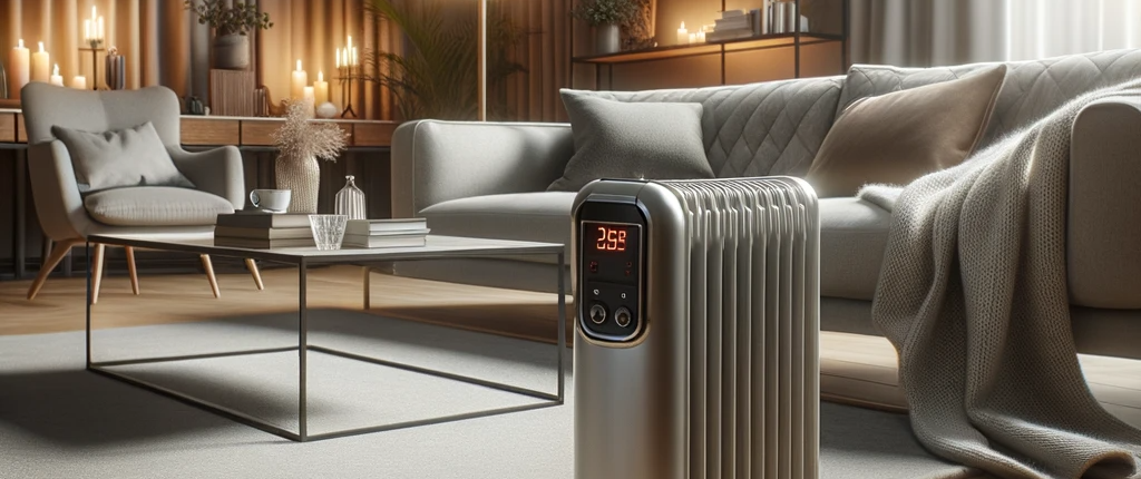 Photo of a modern living room where a portable heater is placed on a flat, non-flammable surface, away from any furniture or curtains.