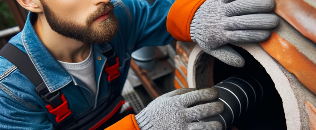 Photo of a professional in work attire, wearing gloves and safety gear, meticulously cleaning a brick chimney from the inside