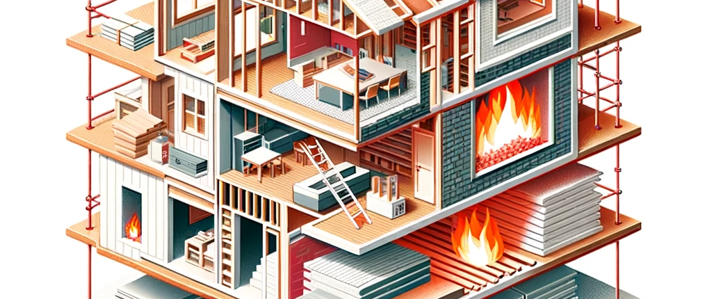 Illustration of a house under construction, showcasing various materials being used. Distinct layers and sections of the house.