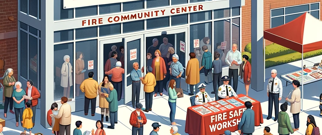 Photo-of-a-community-center-with-a-banner-reading-Fire-Safety-Workshop-Today.-People-of-diverse-ages-and-backgrounds-are-seen-entering-the-center