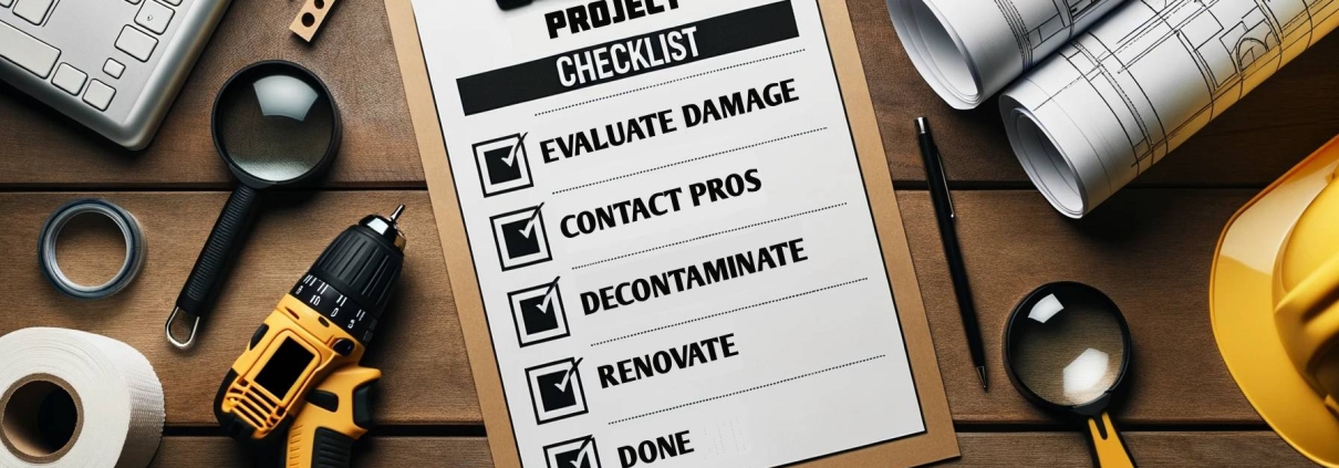 Photo of a checklist on a wooden table. The text on the checklist reads, in order_ 'Evaluate Damage', 'Contact Professionals', 'Decontaminate', 'Renovate'