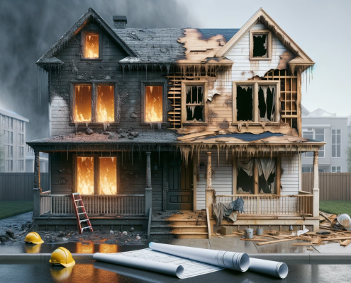 image of a home's exterior showing signs of damage from fire and flood. One half of the home displays charred walls and scorched window