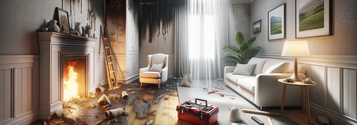 image of a living room interior that's been affected by a disaster. On one side, remnants of fire damage with burnt furniture and soot. Renovated on the other side.