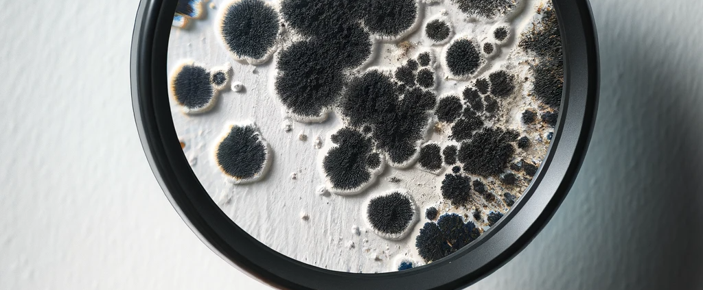 A close-up view through a magnifying glass focusing on a white wall. The magnifying glass reveals a patch of black mold in high detail, contrasting. Could be about mould prevention tips.