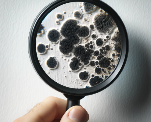 A close-up view through a magnifying glass focusing on a white wall. The magnifying glass reveals a patch of black mold in high detail, contrasting. Could be about mould prevention tips.