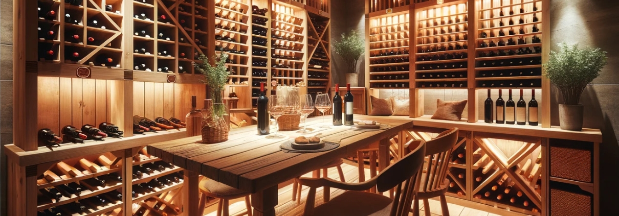 A cozy and inviting wine cellar in a basement setting, featuring wooden wine racks filled with various bottles, a rustic wooden table.