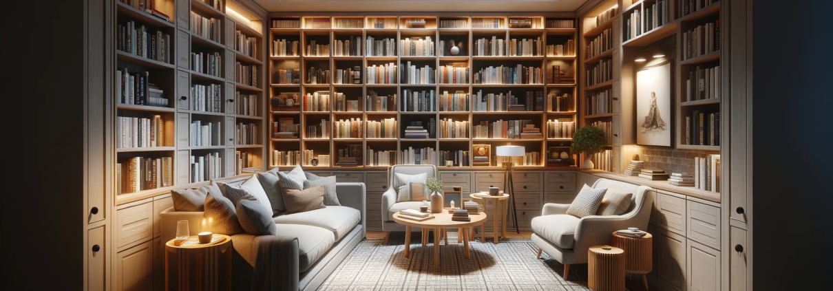 A realistic image of a cozy basement library. The library features built-in bookshelves filled with a variety of books, comfortable.