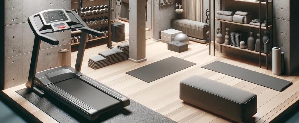 a basement turned into a home gym. The gym includes essential fitness equipment such as a used treadmill, used dumbbells, and a yoga mat. The design is subdued and casual with neutral colors and functional lighting, creating a focused and practical space. The layout is clean and uncluttered, with sturdy flooring appropriate for exercise. The overall atmosphere is calm and conducive to health and fitness.