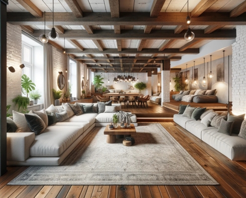 A wide-angled image of a spacious and stylish basement renovation, blending rustic charm with modern design