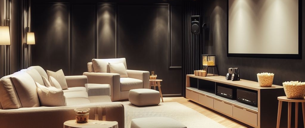 a familiar and popular style home theater in a basement, with a simple and homely design. The setup includes a mid-sized television screen, comfortable sofas and chairs for family seating, and a small table with snacks and a popcorn maker. The room features wooden flooring for a warm and cozy feel, and the walls are painted black for a cinema-like atmosphere. The lighting is soft and inviting, creating a relaxed and welcoming family entertainment area.