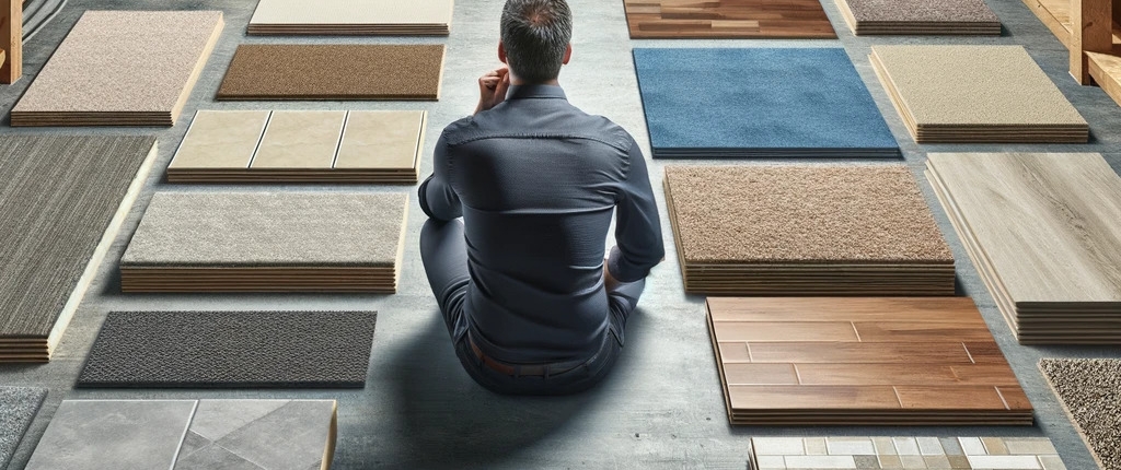 An image depicting a person in an unfinished basement, thinking about selecting between different types of flooring