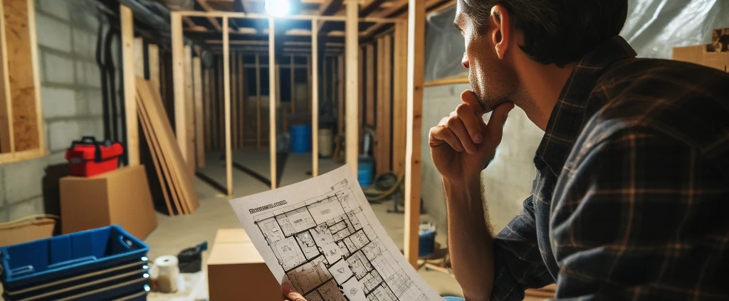An image depicting a person in an unfinished basement, thinking while holding a list of processes or blueprints. The camera angle is low, from behind.