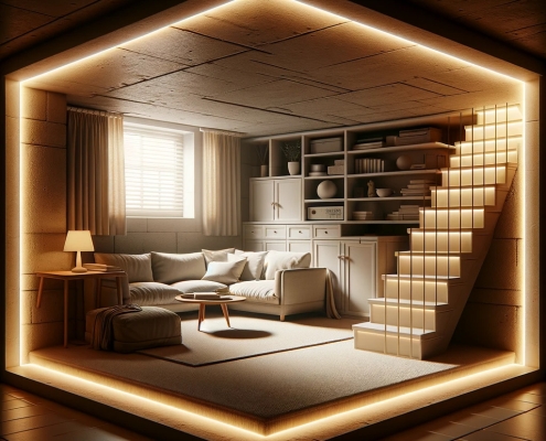 An image depicting a typical basement room with no windows and a lower ceiling, including a staircase leading into the room.