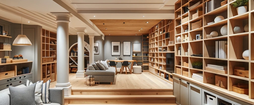 An image of a remodeled Canadian basement, featuring an open floor plan for a sense of spaciousness.