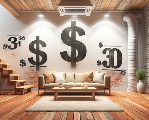 a wide-angle image of a modern and cozy basement renovation that fuses rustic and contemporary design elements.