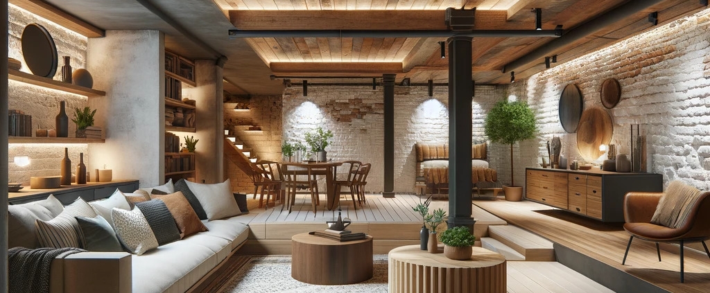 a wide-angle image of a modern and cozy basement renovation that marries rustic and contemporary design elements.