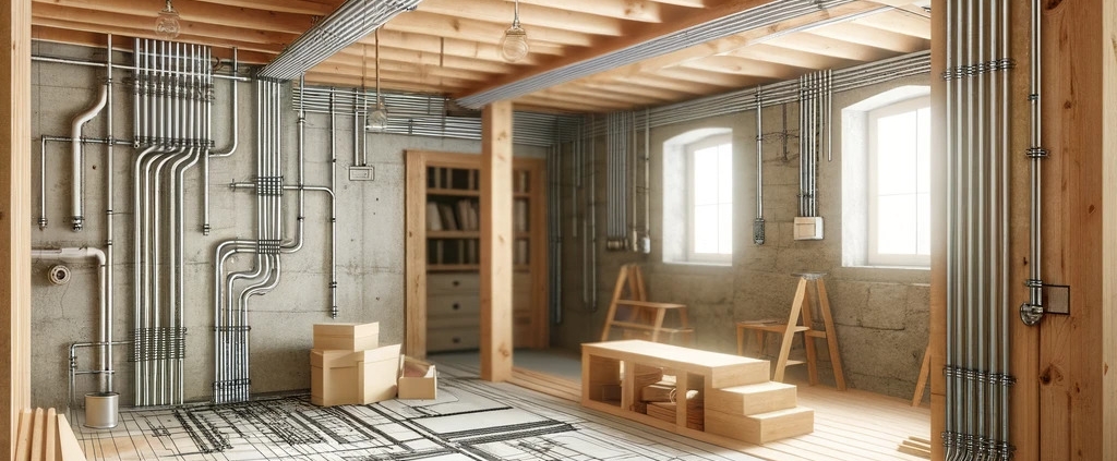 an image of an unfinished home basement, highlighting a more minimal approach to electrical wiring and plumbing. The basement should be in the