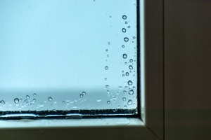 Drops of water on the glass in the corner of the window.