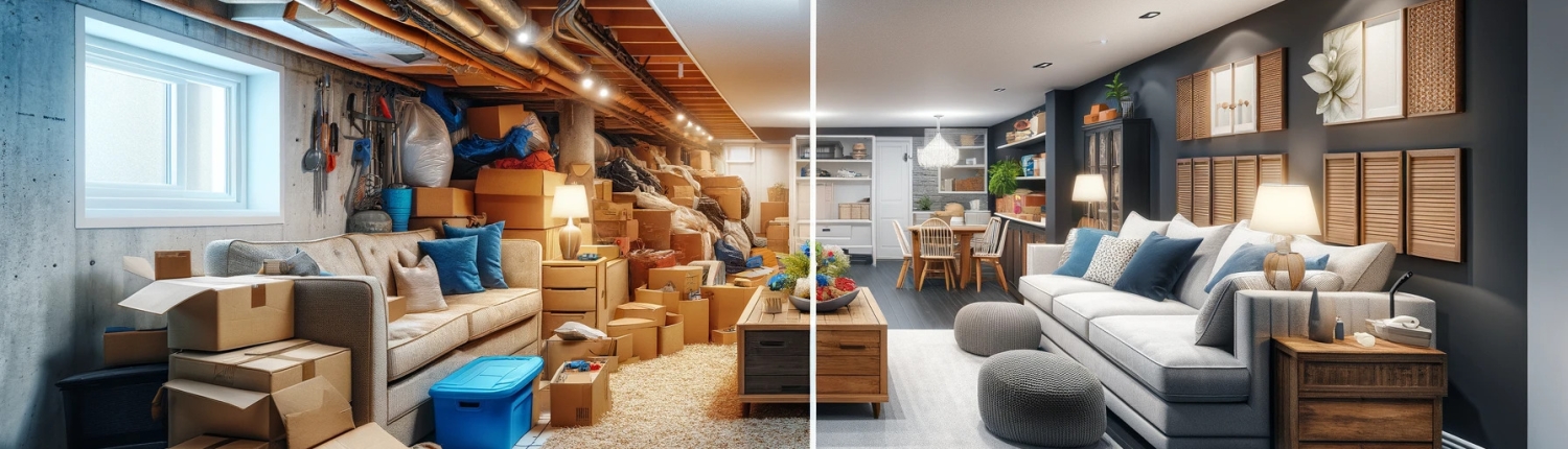 A split-view image showing a Canadian basement transformation, zoomed out to capture more of the room. On the left, an unused, cluttered basement space with boxes, old furniture, and dim lighting. On the right, the same basement after renovation, transformed into a modern, inviting living area with comfortable furniture, brighter lighting, and stylish decor. This wider view showcases the extensive changes and improvements made to the space.