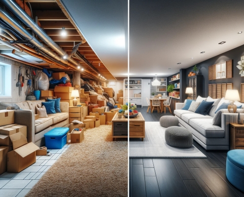 A split-view image showing a Canadian basement transformation, zoomed out to capture more of the room. On the left, an unused, cluttered basement space with boxes, old furniture, and dim lighting. On the right, the same basement after renovation, transformed into a modern, inviting living area with comfortable furniture, brighter lighting, and stylish decor. This wider view showcases the extensive changes and improvements made to the space.