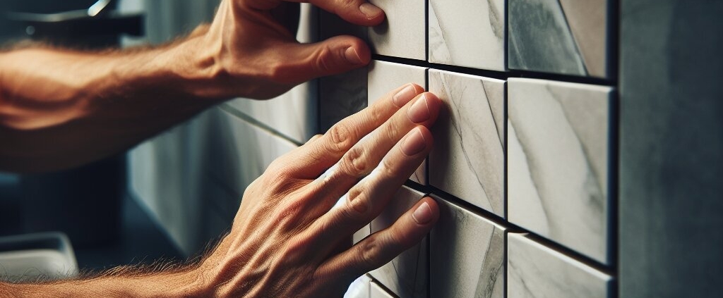 A close-up image of someone installing a kitchen backsplash. The focus is on their hands as they apply tiles to the wall. The tiles are modern and stylish, fitting with a contemporary kitchen design. The person is using tools like a trowel and adhesive. The scene captures the intricacies of backsplash installation, showcasing the precision and skill involved. The background should be blurred to emphasize the action and detail of the hands and the tiles being installed.
