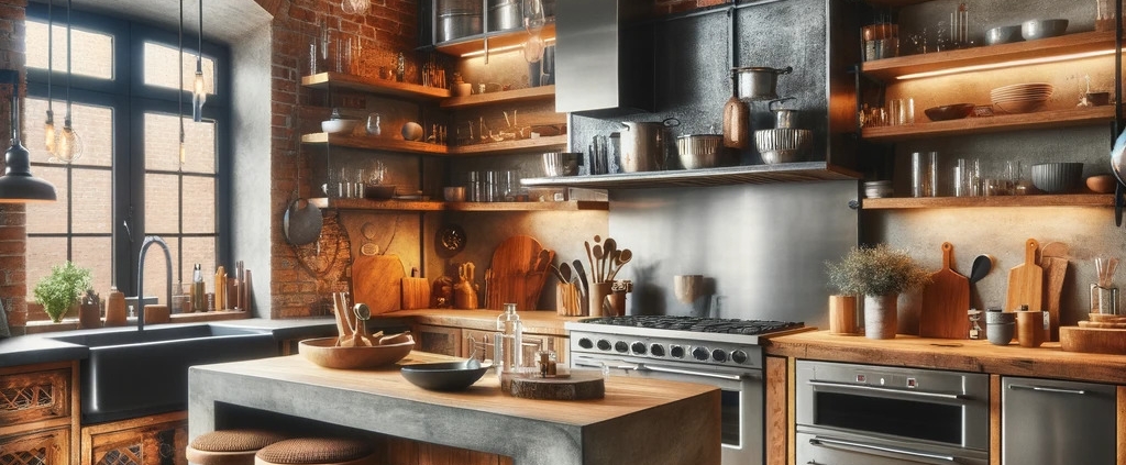 A cozy and inviting kitchen that showcases an eclectic mix of materials. It features an exposed brick backsplash, polished concrete countertops, and warm wooden accents throughout the space. Stainless steel appliances and glass details are integrated into the design, adding to the eclectic style. This combination of industrial, rustic, and modern influences creates a unique and aesthetically diverse kitchen that stands out due to its blend of various textures and finishes.