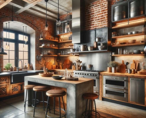 A cozy and inviting kitchen that showcases an eclectic mix of materials. It features an exposed brick backsplash, polished concrete countertops, and warm wooden accents throughout the space. Stainless steel appliances and glass details are integrated into the design, adding to the eclectic style. This combination of industrial, rustic, and modern influences creates a unique and aesthetically diverse kitchen that stands out due to its blend of various textures and finishes.