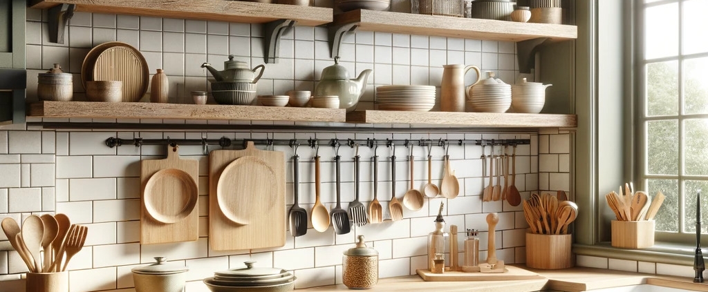 A kitchen design blending a cozy, traditional style with modern elements, featuring sleek rustic wooden floating shelves against a classic white subway tile backsplash, complemented by sage green cabinets with black countertops. The shelves and countertops host minimum necessary kitchenware, including one of each a ceramic bowl, a plate, and minimalist modern pieces. Large windows fill the space with natural light, creating a warm ambiance. The lighting accentuates the wood's texture and the ceramics' and cutlery's gleam. The atmosphere is warm, welcoming, and inviting, with a clear focus on avoiding clutter by minimally populating the shelves and countertops.