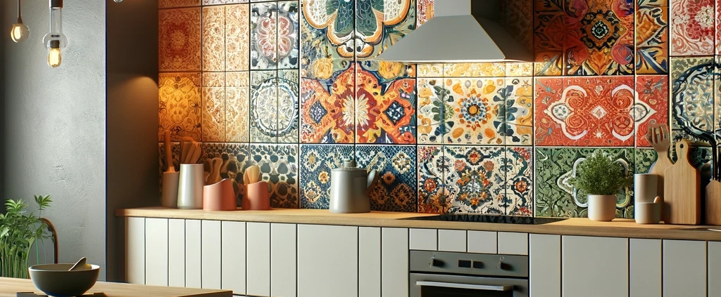 A kitchen featuring a bold backsplash, adding an exciting pop of color to the space. The backsplash should stand out with vibrant tiles or a unique pattern, serving as a stunning design element that reflects personal style. This backdrop complements the overall kitchen design, contributing to an atmosphere that is both stylish and expressive.