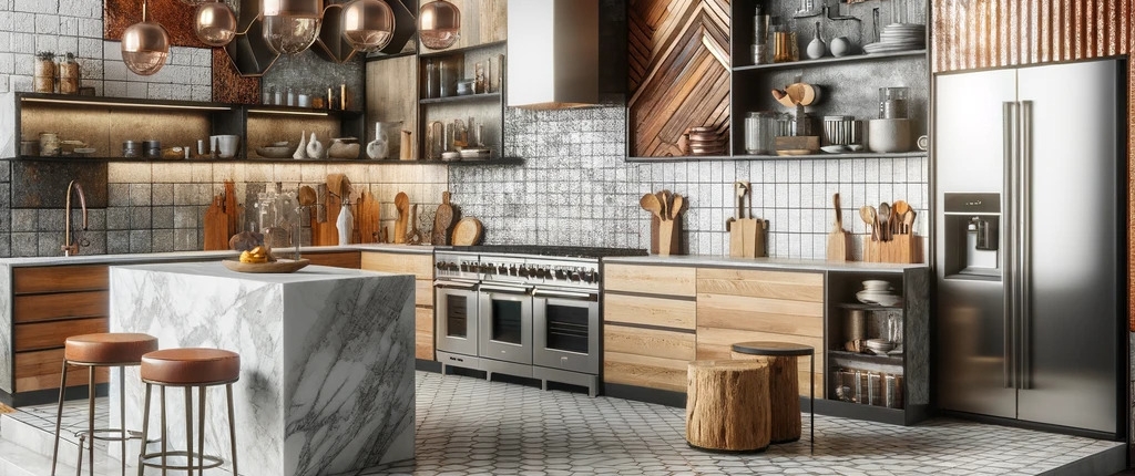 A kitchen that showcases an eclectic mix of materials, combining various textures and finishes. The design includes elements such as exposed brick, polished concrete, and warm wooden accents, alongside stainless steel appliances and glass details. The mix of materials creates a unique, eclectic style that sets the kitchen apart, offering a blend of industrial, rustic, and modern influences that coalesce into a distinctive and aesthetically diverse space.