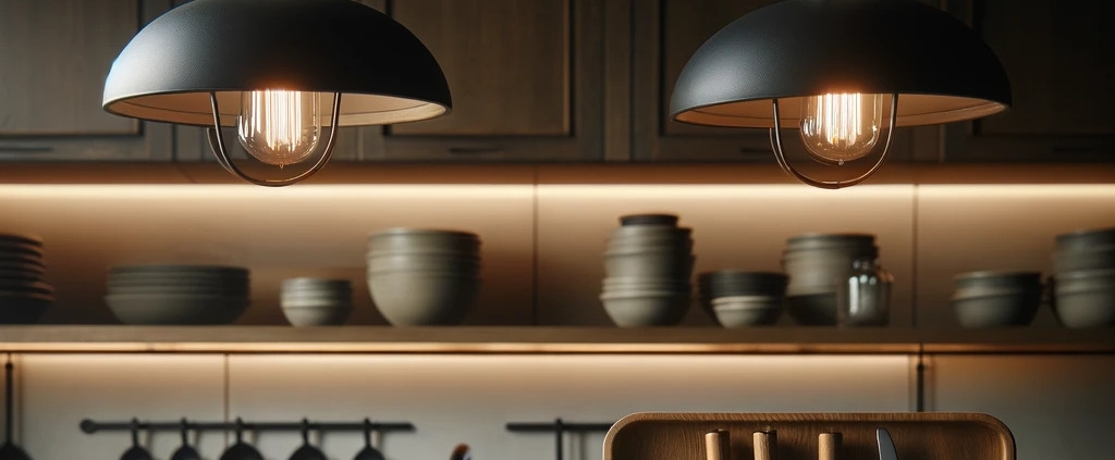 A modern kitchen detail with two industrial-style pendant lights hanging above a wooden countertop. Below the lights is a wooden utensil holder filled with neatly arranged silverware, and a stack of monochrome bowls and plates, creating a minimalist yet functional setup. In the background, the kitchen's dark wood cabinetry with subtle handles contributes to the sleek, contemporary design. The lighting casts a warm glow over the scene, highlighting the texture of the wood and the gleam of the ceramics and cutlery.