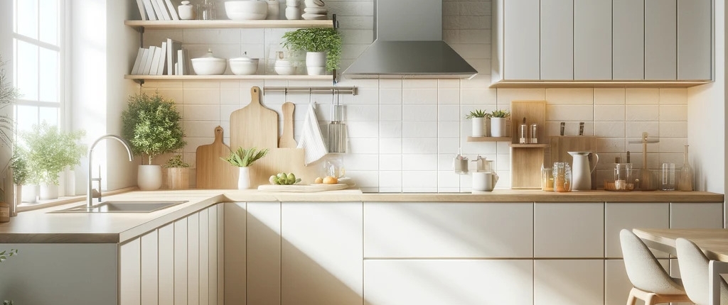 An image of a modern and cozy Scandinavian kitchen design, carefully organized and highly detailed, exuding a warm and inviting air.