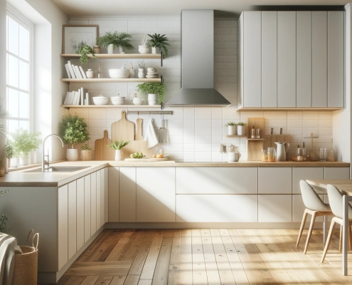 An image of a modern and cozy Scandinavian kitchen design, carefully organized and highly detailed, exuding a warm and inviting air.