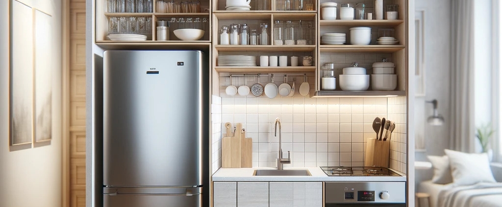 image of a small kitchen with a one-wall layout, showcasing essential kitchen elements like the refrigerator, sink, and stove, all efficiently aligned along one wall