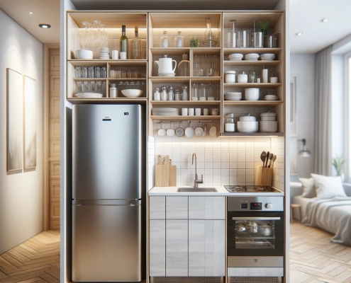 image of a small kitchen with a one-wall layout, showcasing essential kitchen elements like the refrigerator, sink, and stove, all efficiently aligned along one wall