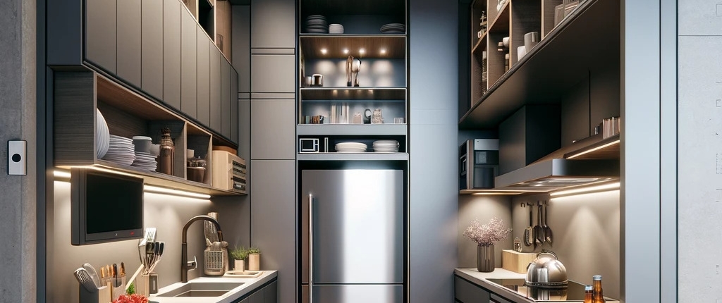An image of a small, ultra-modern Canadian kitchen designed for compact urban living. This kitchen exemplifies a sleek and functional design and storage ideas.