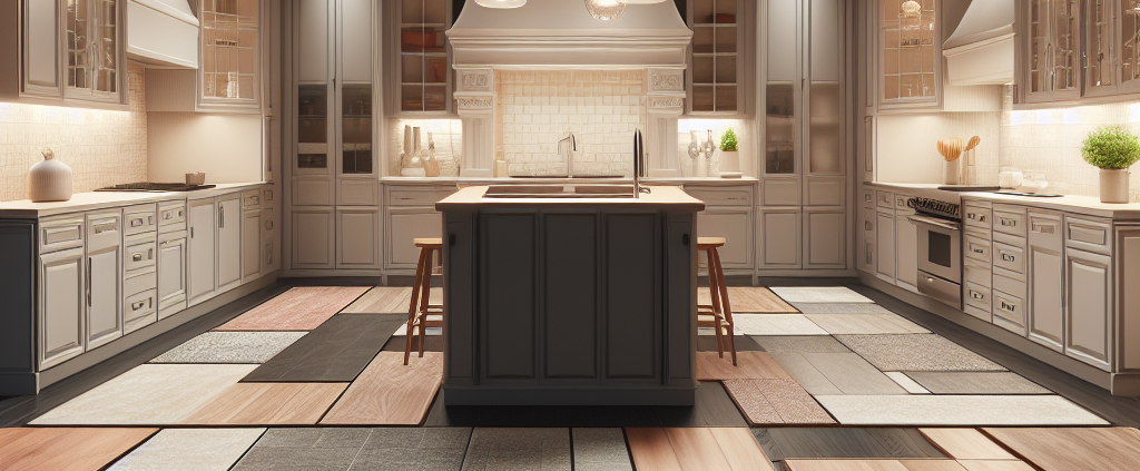 an image of a kitchen, emphasizing a variety of flooring materials and lighting fixtures. The scene should distinctly showcase different flooring types like ceramic tiles, hardwood.