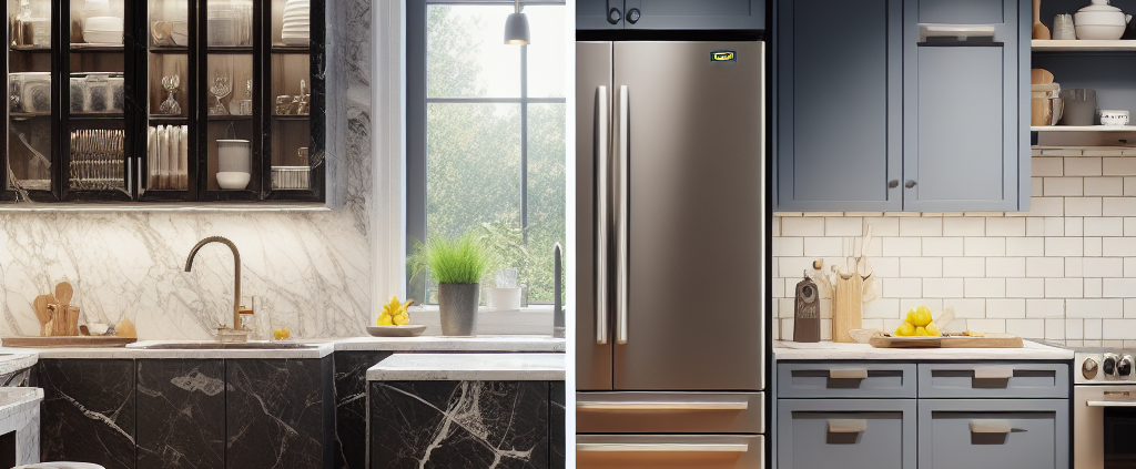 a realistic image contrasting two kitchen renovations. One side should depict a high-end, luxurious kitchen with premium features such as marble countertops and top-of-the-line appliances, dark cabinetry