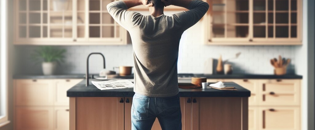 an image showing a person, from behind and blurry, frustrated because he didn't plan well his kitchen renovation project. with half the kicthen still under renovation. The kitchen features light wood cabinets with some glass doors, a central island with a dark countertop, and modern appliances. A single pendant light hangs above. The room is bathed in natural light, creating a warm, inviting atmosphere despite its evident need for an upgrade. This image reflects the concept of a kitchen renovation project with a budget in mind.