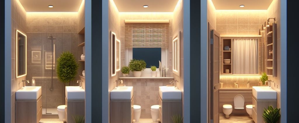 A three-part split image, each part showing a different small bathroom with a specific type of lighting. The first part should display ambient lighting. The second part should feature task lighting. The third part should illustrate accent lighting. Each section should clearly demonstrate how each lighting type impacts the bathroom's ambiance, functionality and difference.