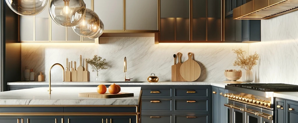 a contemporary kitchen design, features elegant gold pendant lights hanging above a kitchen island with a white marble countertop. Below the countertop are navy blue cabinets with gold handles