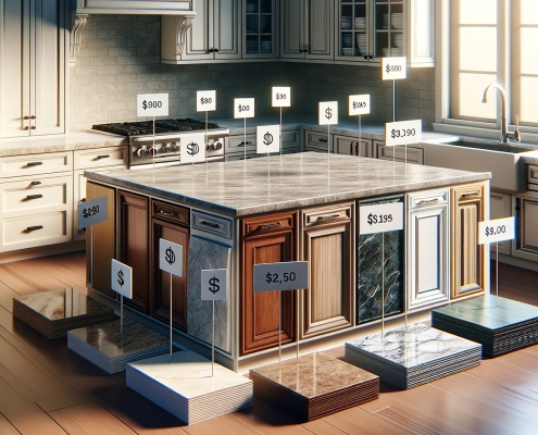 a highly detailed and photorealistic image showing a variety of cabinet and countertop materials in a kitchen renovation context.