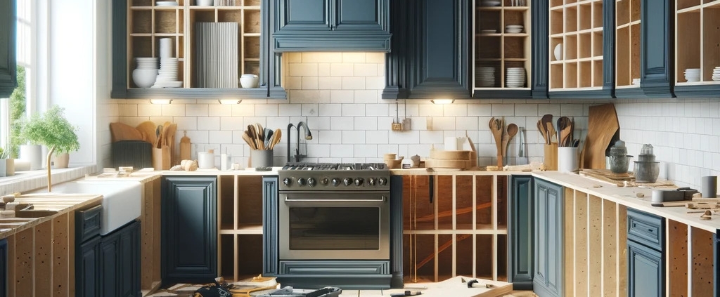 a kitchen undergoing renovation, showcasing the cost-saving process of refacing. The scene includes unfinished dark blue cabinets partially installed, demonstrating the updating of the cabinet exteriors while retaining the original structure. No countertops are in place, exposing wooden frames and supports.