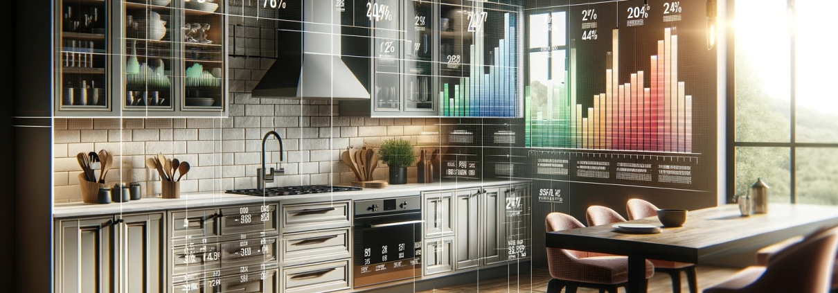 a photorealistic image of a modern kitchen, incorporating clear and fully recognizable graphical representations of average cost ranges for renovation.