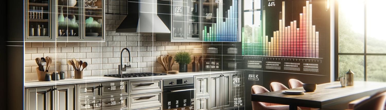 a photorealistic image of a modern kitchen, incorporating clear and fully recognizable graphical representations of average cost ranges for renovation.