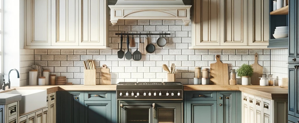 a rustic kitchen with a mix of navy blue and cream-colored cabinets, wooden ceiling beams, and a farmhouse-style sink. The kitchen has modern appliances, a subway tile backsplash, and a wooden countertop. The atmosphere is warm and inviting, with natural light filtering in from the windows and casting a glow over the clean, well-organized space. The floor is pristine, without any newspapers, paint cans, or renovation plans, giving the kitchen a finished and lived-in feel.