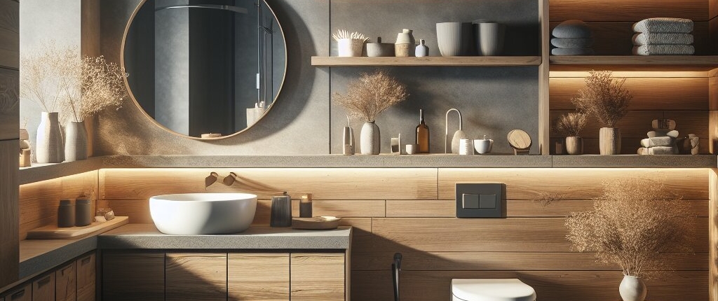 a rustic-modern bathroom interior design with a sleek wooden aesthetic. The color palette consists of grays and wood, with contrasting textures like matte walls and glossy cabinets. Accent lighting under the mirror, shelves, and cabinet edges provides a warm glow. The bathroom features a round countertop basin, a glass-enclosed shower area, a wall-mounted toilet, and built-in shelves stocked with towels and toiletries. Various decorative elements such as dried plants in vases, small potted plants, and woven baskets add a natural touch to the space. The light from a frosted glass window creates a bright spot.