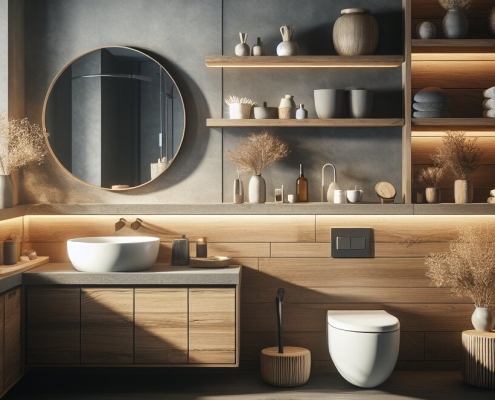 a rustic-modern bathroom interior design with a sleek wooden aesthetic. The color palette consists of grays and wood, with contrasting textures like matte walls and glossy cabinets. Accent lighting under the mirror, shelves, and cabinet edges provides a warm glow. The bathroom features a round countertop basin, a glass-enclosed shower area, a wall-mounted toilet, and built-in shelves stocked with towels and toiletries. Various decorative elements such as dried plants in vases, small potted plants, and woven baskets add a natural touch to the space. The light from a frosted glass window creates a bright spot.